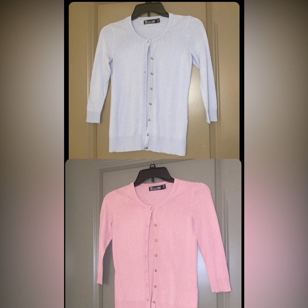 Two 3/4 Sleeve Cardigan Sweaters - XXS - Light Pink & Light Blue